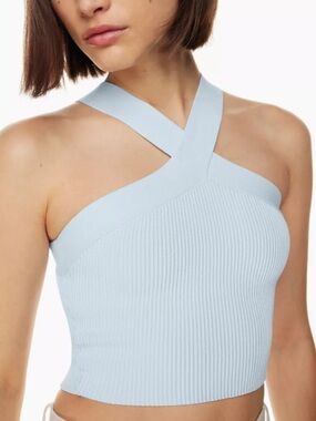 Babaton Pale Blue Ribbed Cross-Back Crop Top
